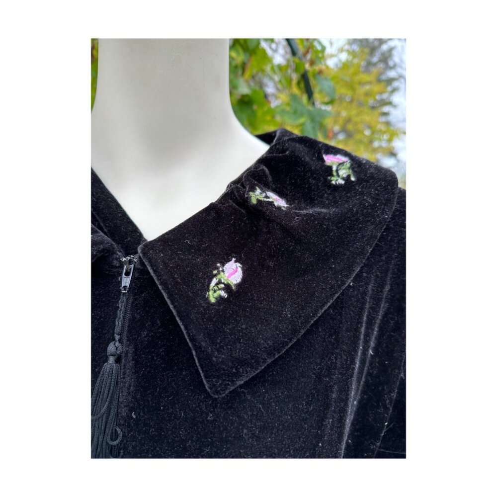 90s Y2K Vanity Fair Heavy Black Velvet Robe House Dress Pointed Flat Collar Lg
